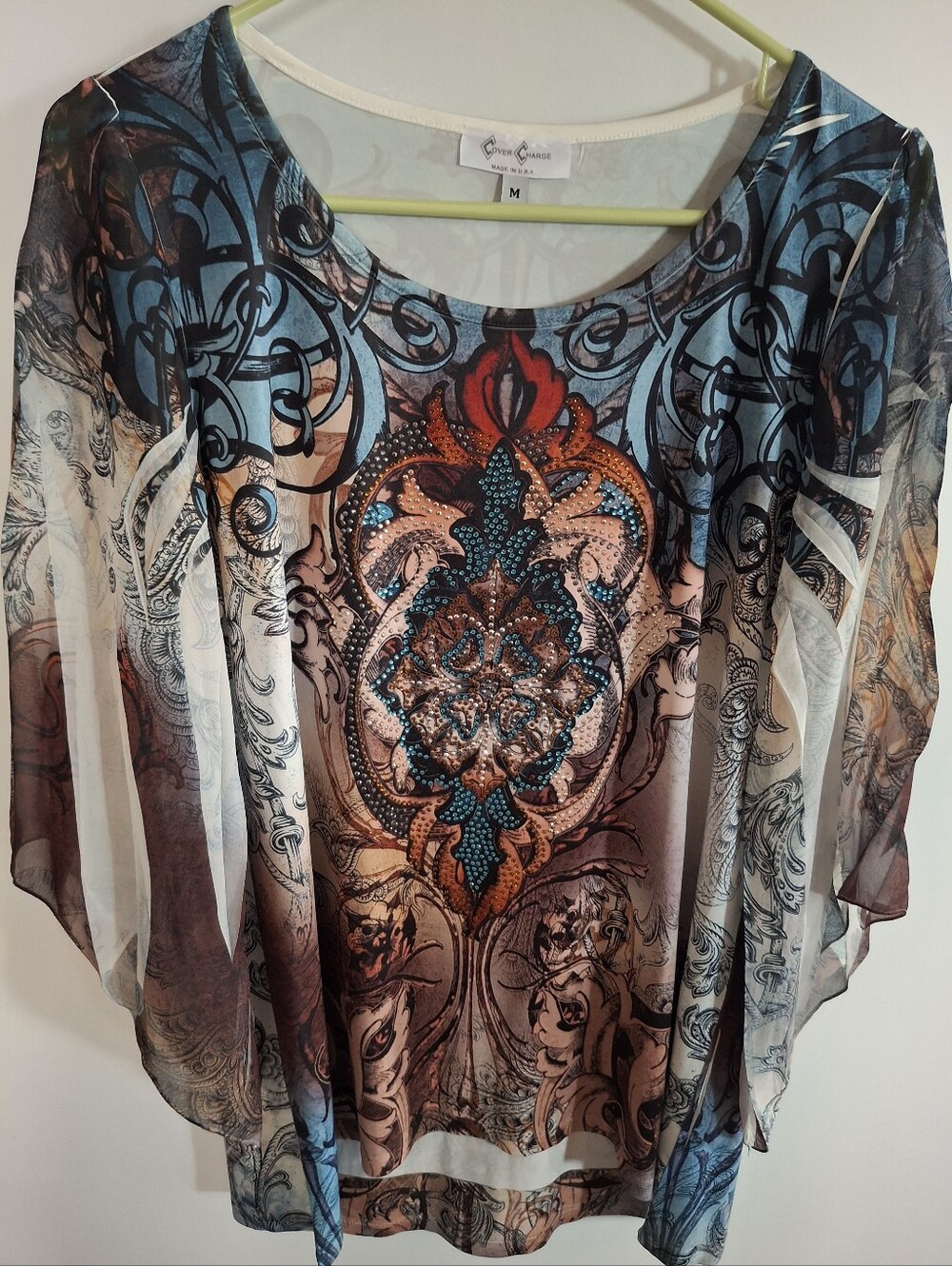 Sheer Embellished Blue and Brown Tunic Top